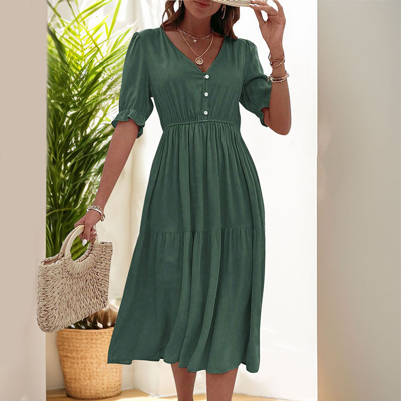 Damen Midi-Kleid mit knöpfbarem V-Ausschnitt und voluminösen Ärmeln WW