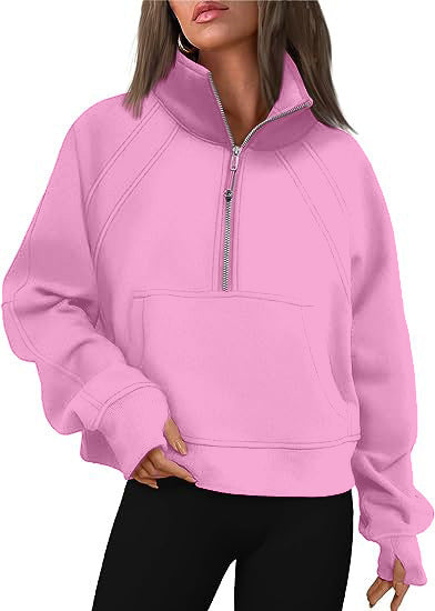 Damen sportlicher Hoodie mit kurzem Reißverschluss und praktischer Kängurutasche WW