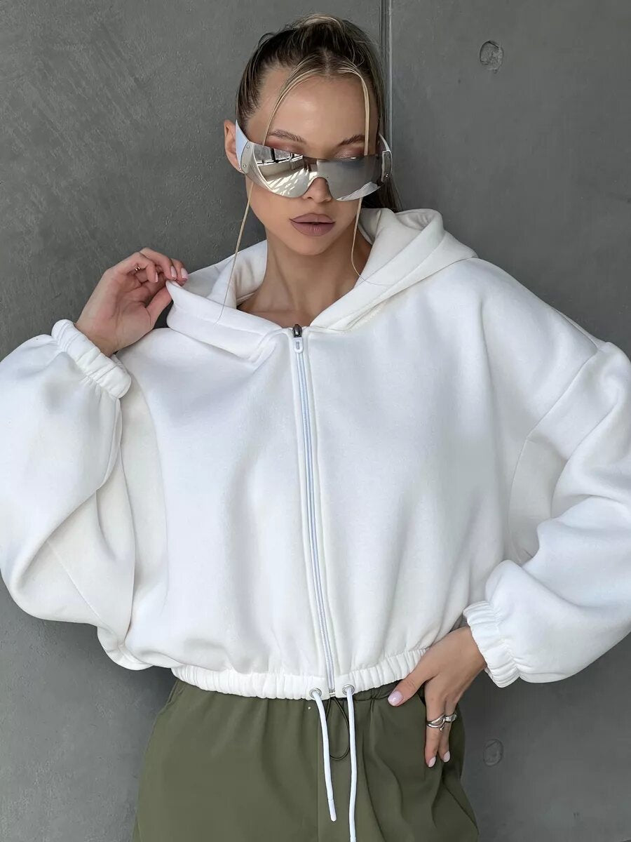 Damen Sportlicher Cropped Hoodie mit Reißverschluss und Kordelzug WW