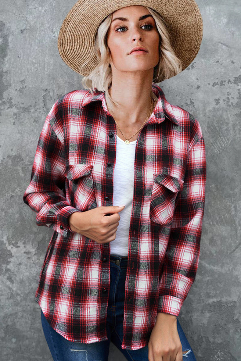 Damen Karierte Flanellbluse mit Brusttaschen und bequemer Passform WW