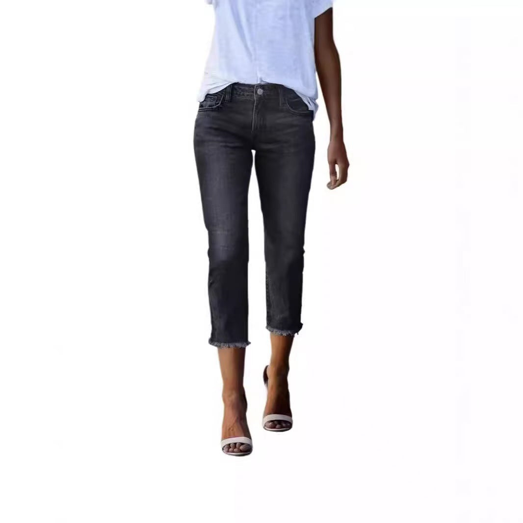 Damen 3/4 Jeans mit modischem Fransenabschluss WW