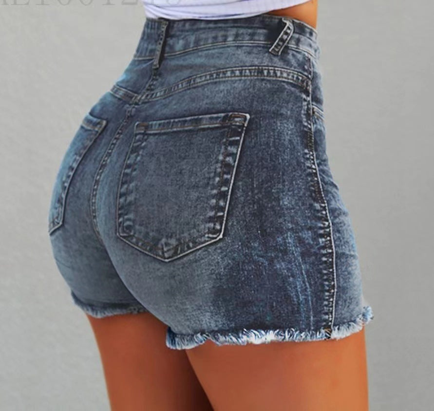 Damen Hochtaillierte Jeans-Shorts mit fransigem Saum WW