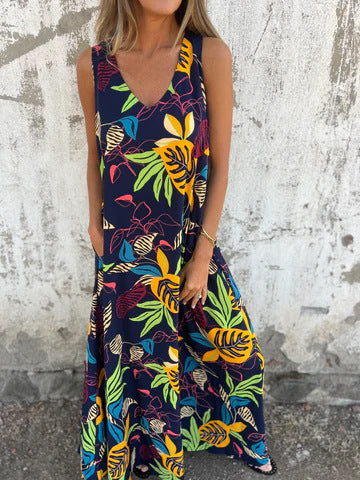 Damen Maxikleid mit fröhlichem Blattdruck und praktischen Taschen WW