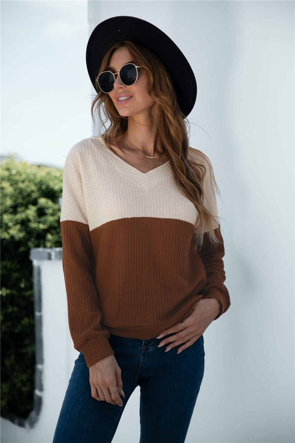 Damen lässiger V-Ausschnitt Pullover im trendigen Waffel-Design mit langen Ärmeln WW