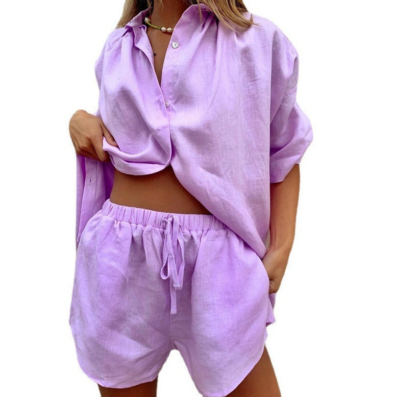 Damen lässige Leinenbluse mit kurzer Knopfleiste und lockeren Shorts WW