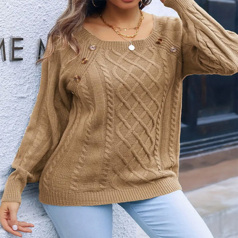 Damen eleganter Pullover mit Zopfmuster und dekorativen Knopfdetails WW