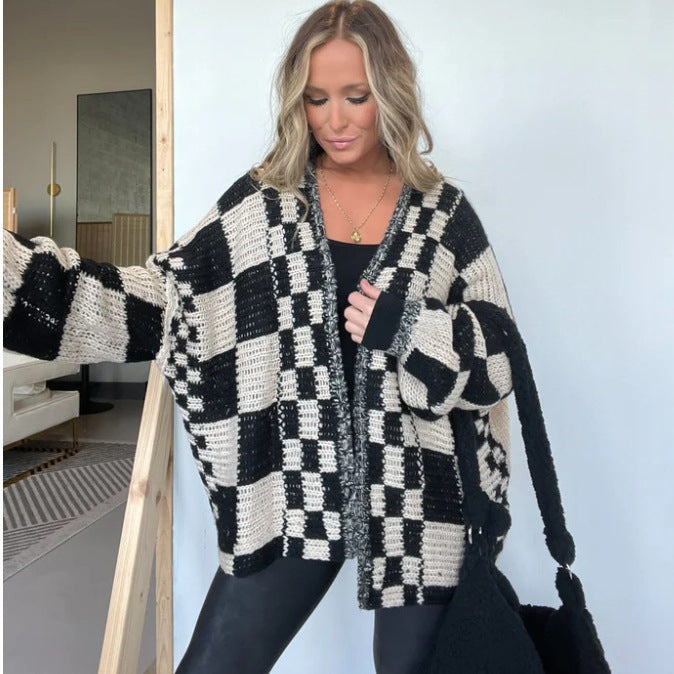 Damen lässiger Strickcardigan mit Karomuster und oversized Schnitt WW