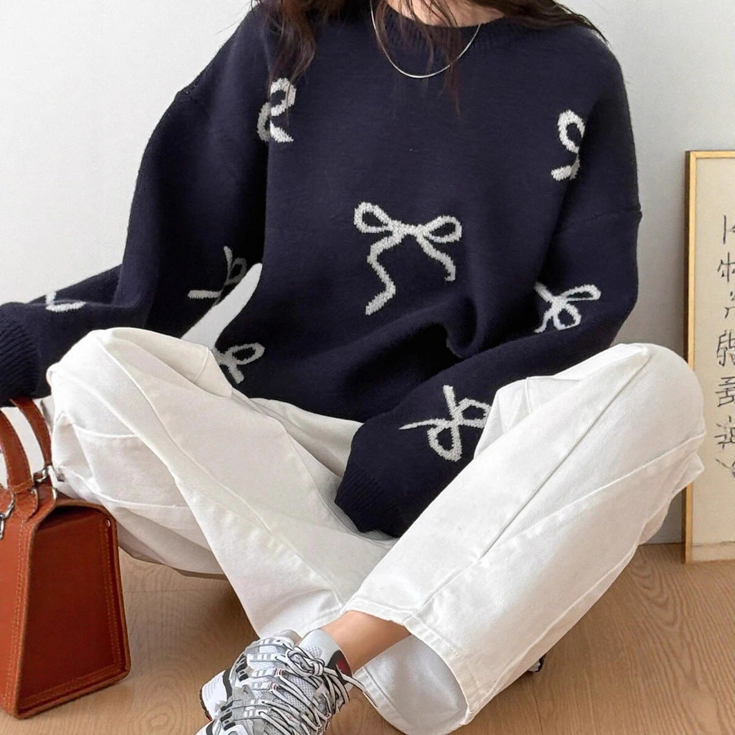 Damen Oversized Pullover mit dekorativem Schleifenmotiv WW