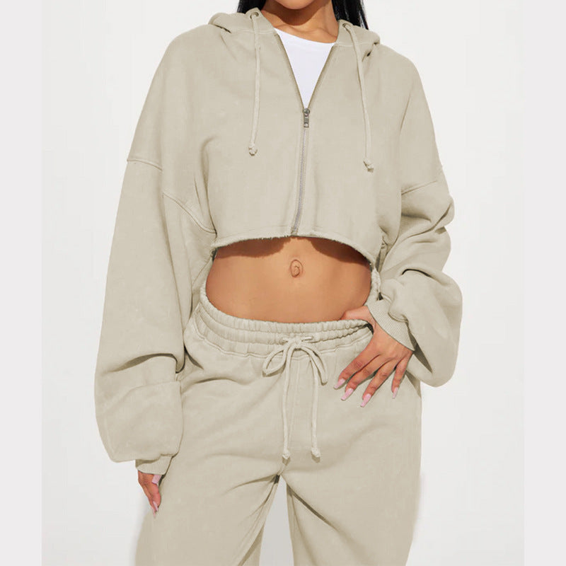 Damen lässiges Fleece-Set mit kurzem Hoodie und weiten Hosen WW