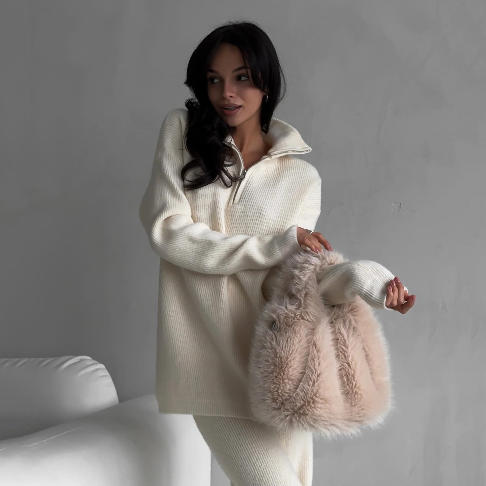 Damen trendiger Oversized Strickpullover mit Zipper und langen Ärmeln WW