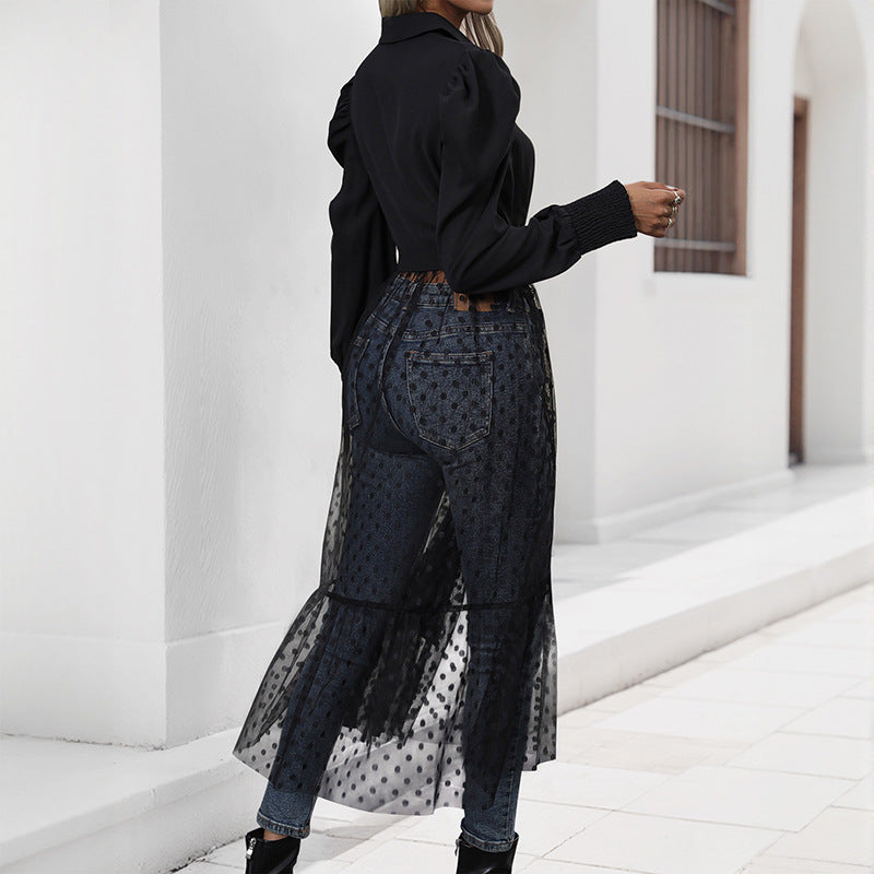 Damen elegantes Maxikleid mit transparenter Überlagerung und taillierbarem Gürtel WW