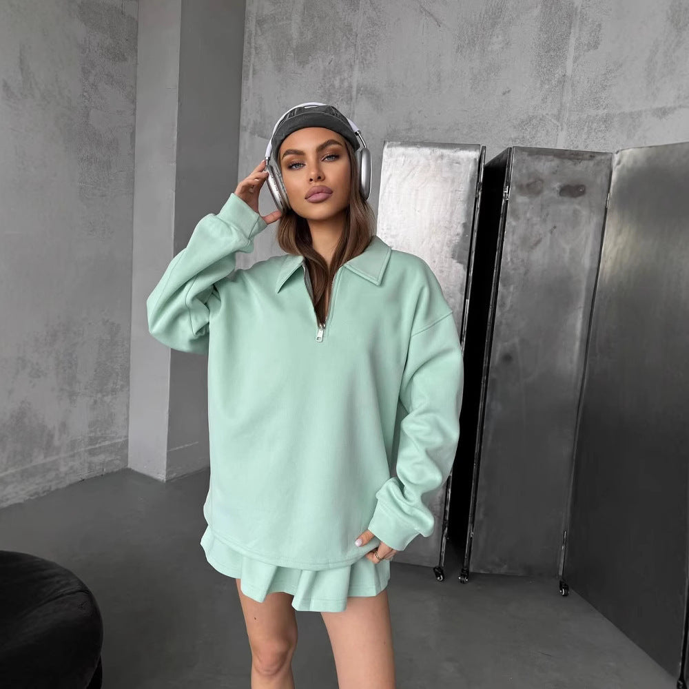 Damen lässiger Pullover mit kurzem Reißverschluss und weitem Schnitt WW