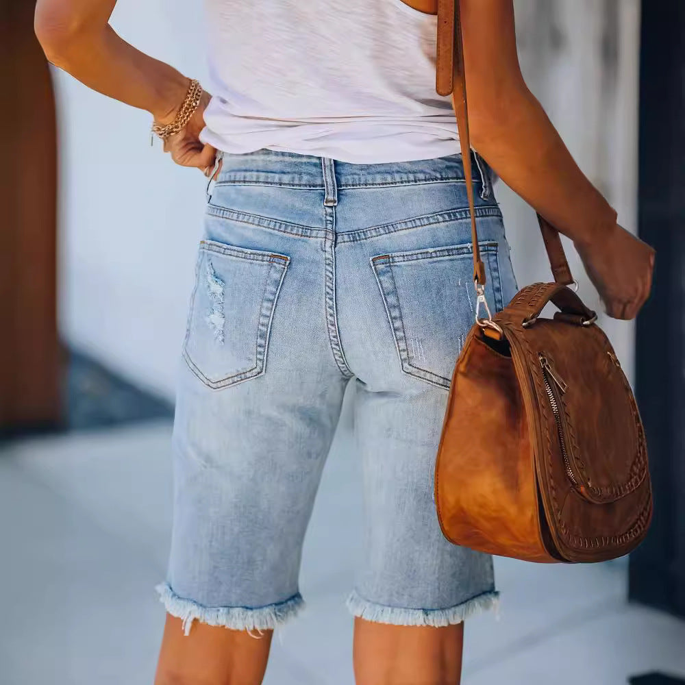 Damen lässige Denim-Shorts mit fransigem Saum und auffälligem Used-Look WW