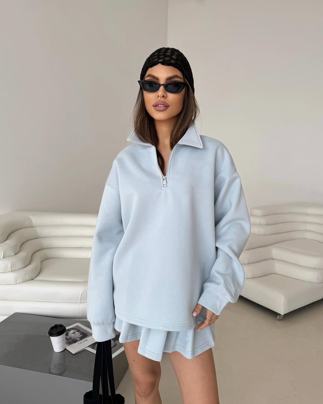 Damen lässiger Pullover mit kurzem Reißverschluss und weitem Schnitt WW