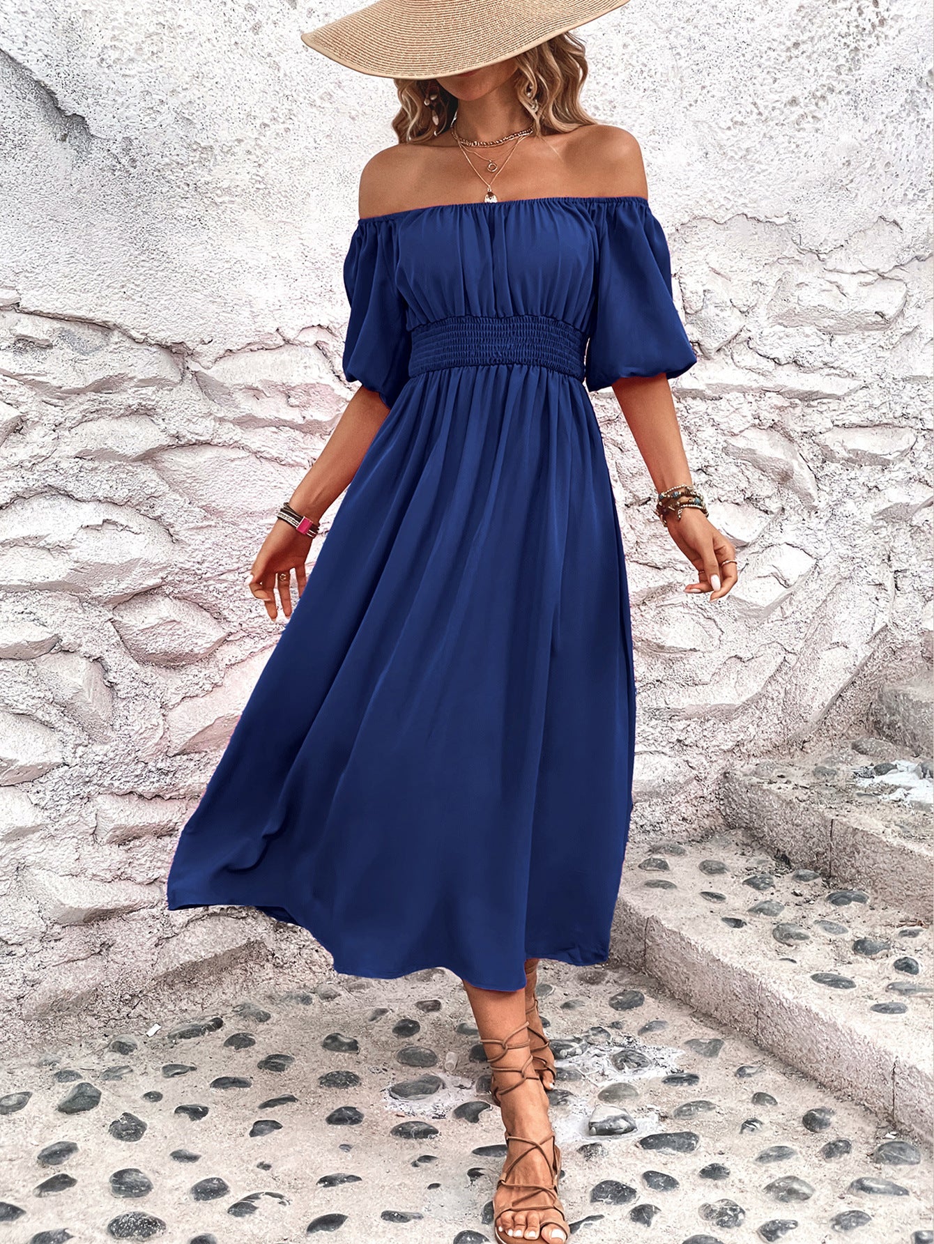 Damen Maxikleid mit schulterfreiem Ausschnitt und elastischem Taillenbund WW