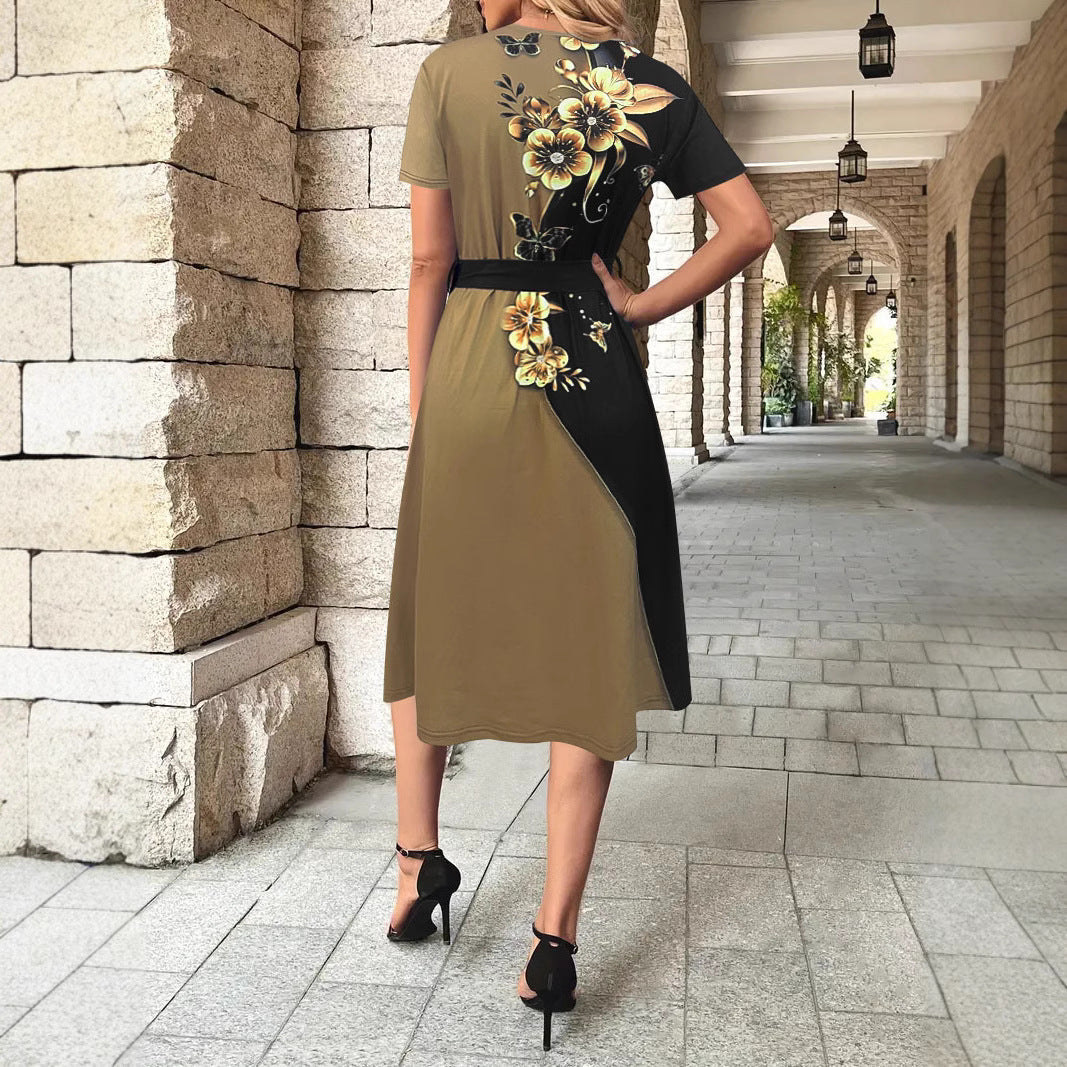 Damen Kleid mit floralem Design und seitlichem Gürtel WW