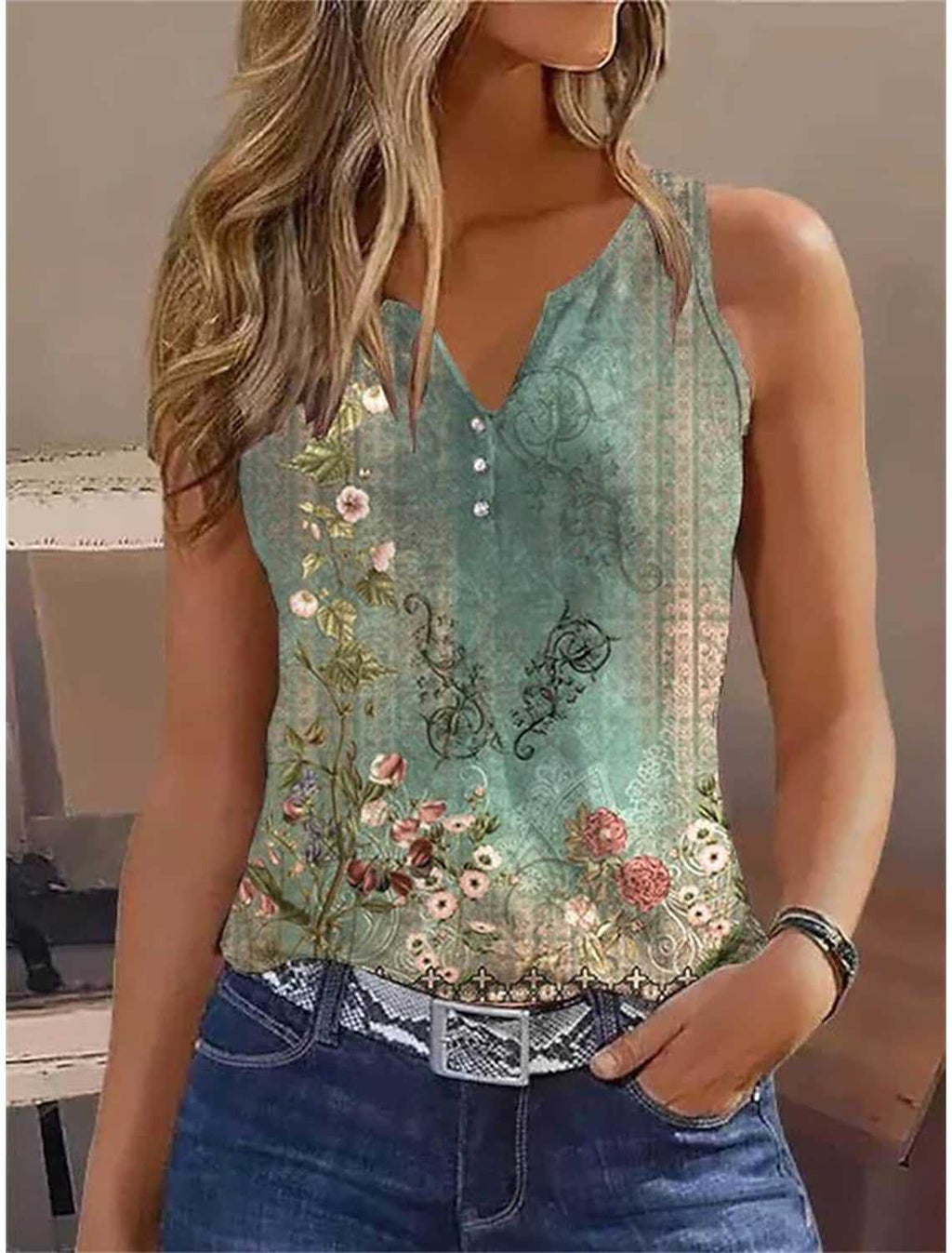 Damen Bluse mit floralem Muster und Knopfdetails WW