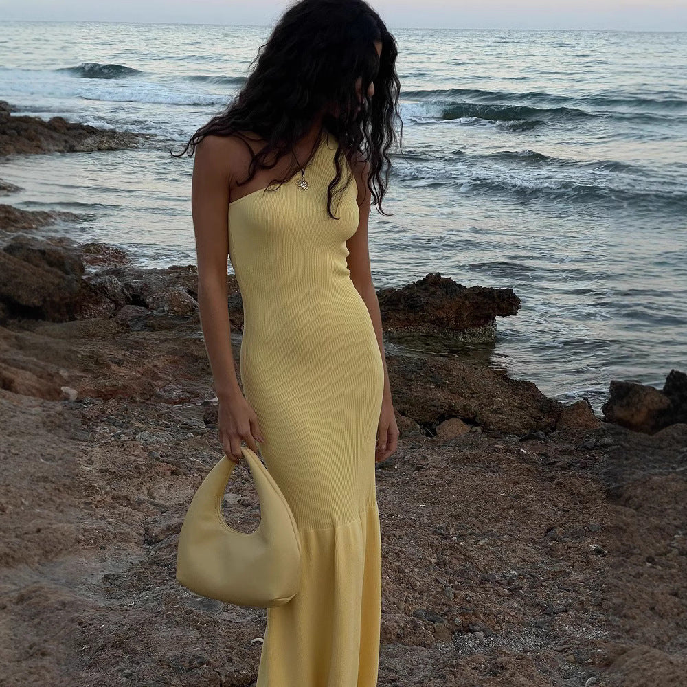Damen Figurbetontes Kleid im Rippdesign mit einem Schulterträger WW