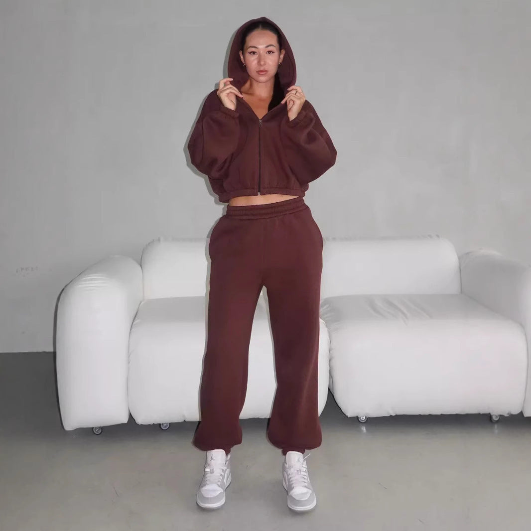 Damen lässiges Sweater-Set aus cropped Hoodie und bequemer Hose mit elastischem Bund WW