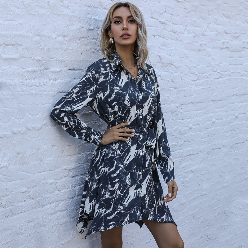 Damen Hemdblusenkleid mit elegantem Bindegürtel und modischem Muster WW