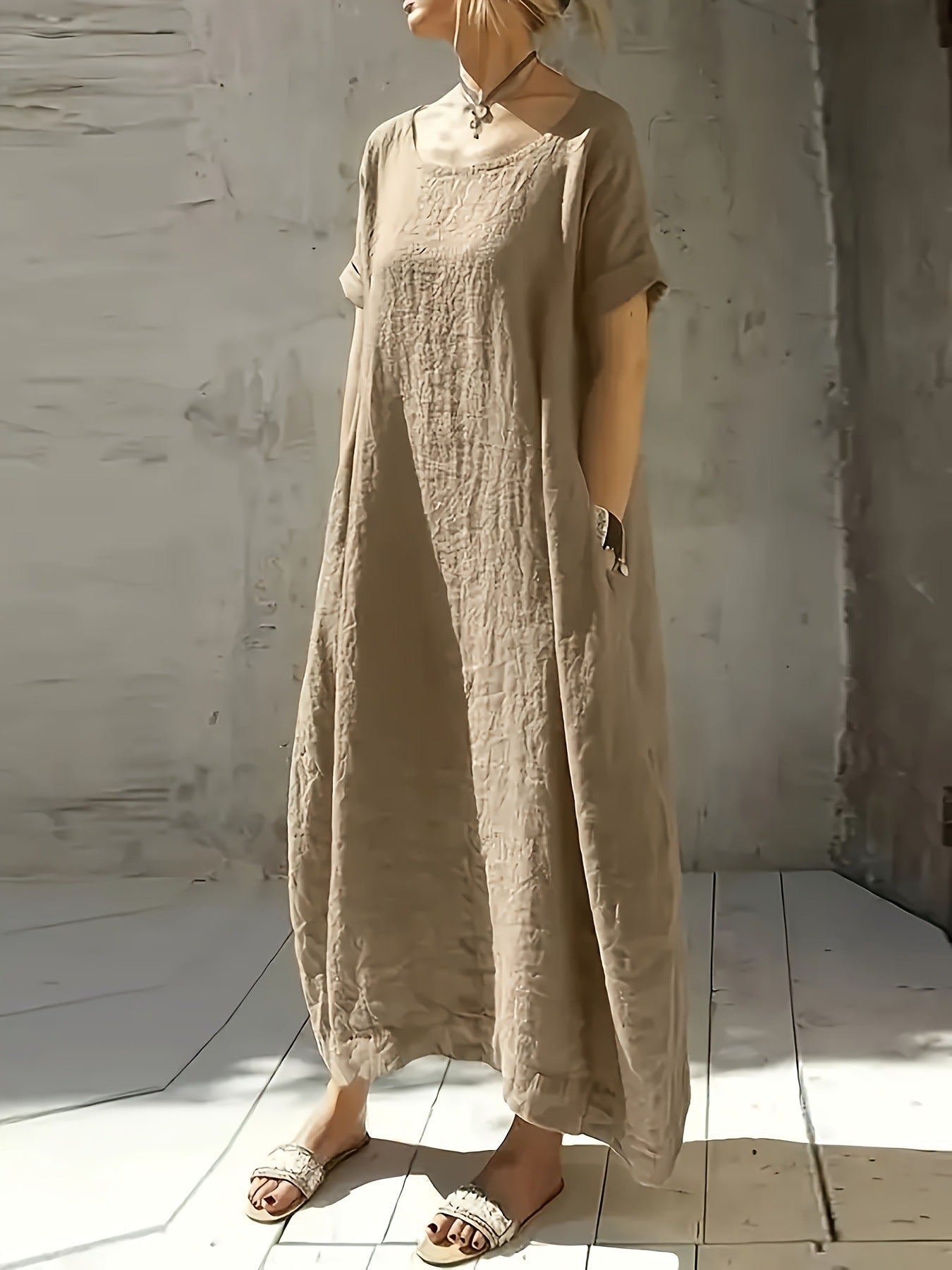 Damen lässiges Maxikleid mit überschnittenen Schultern und praktischen Seitentaschen WW