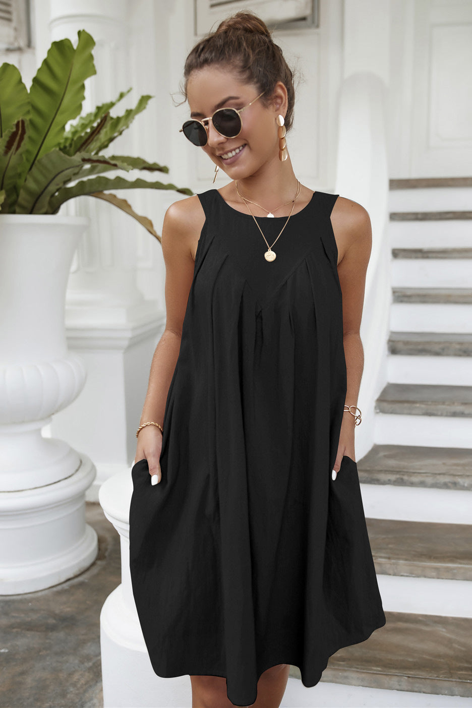Damen Plissiertes Sommerkleid mit lockerer Passform und bequemem Rundhalsausschnitt WW