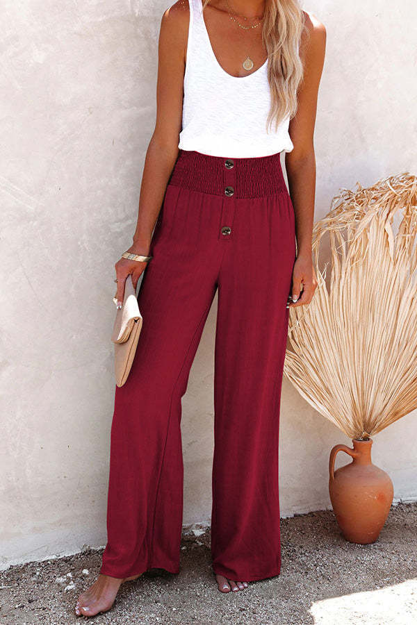 Damen weite Hochbundhose mit eleganten Knopfdetails und elastischem Bund WW