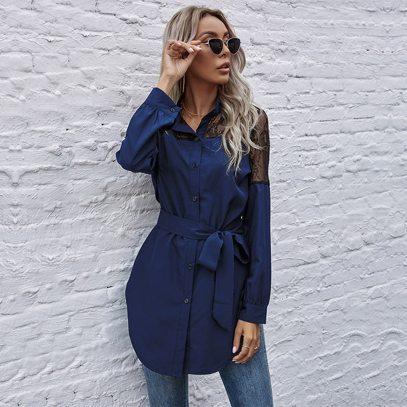 Damen Hemdblusenkleid mit transparenter Spitzenoptik und tailliertem Gürtel WW