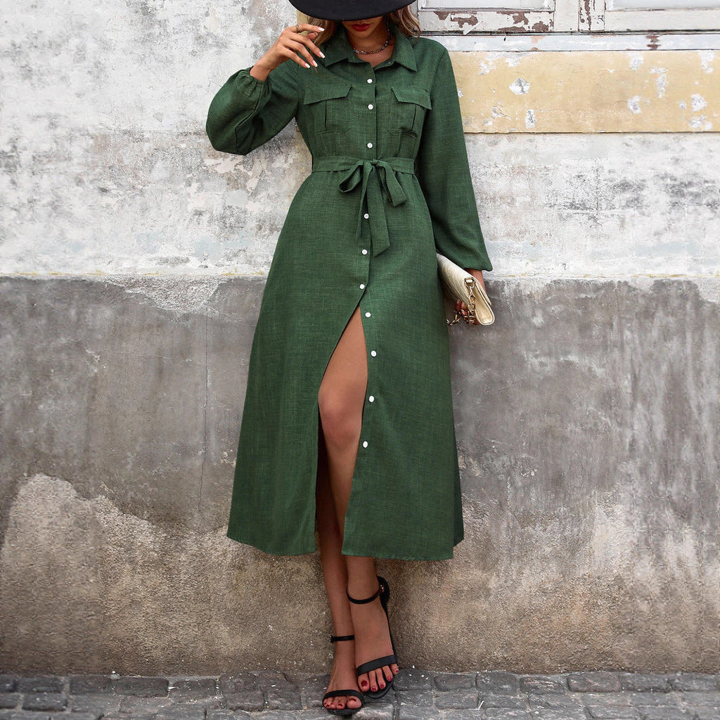 Damen Hemdblusenkleid mit Taillengürtel und Knopfleiste WW