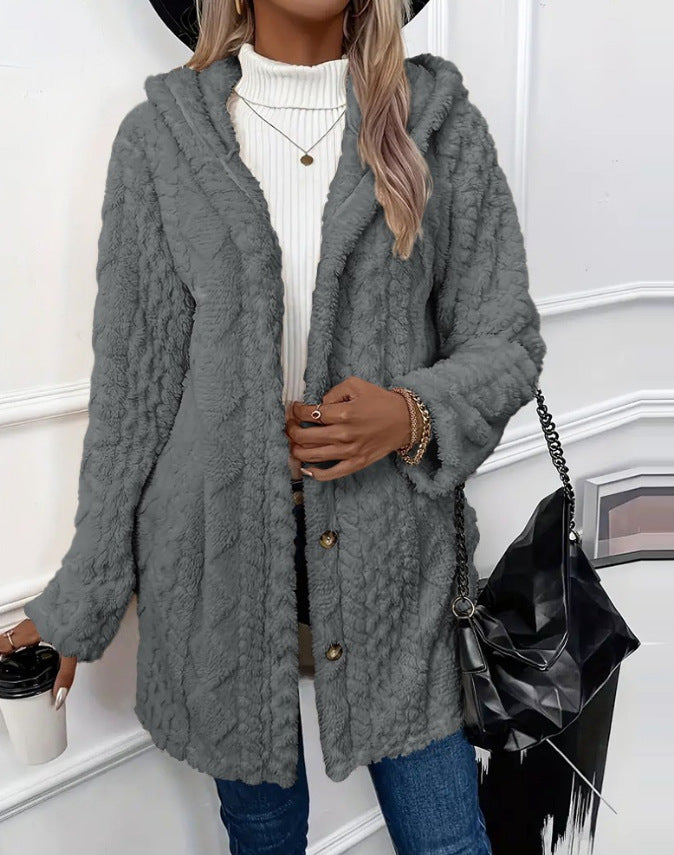 Damen kuschelige Fleecejacke mit Kapuze und Knopfverschluss WW