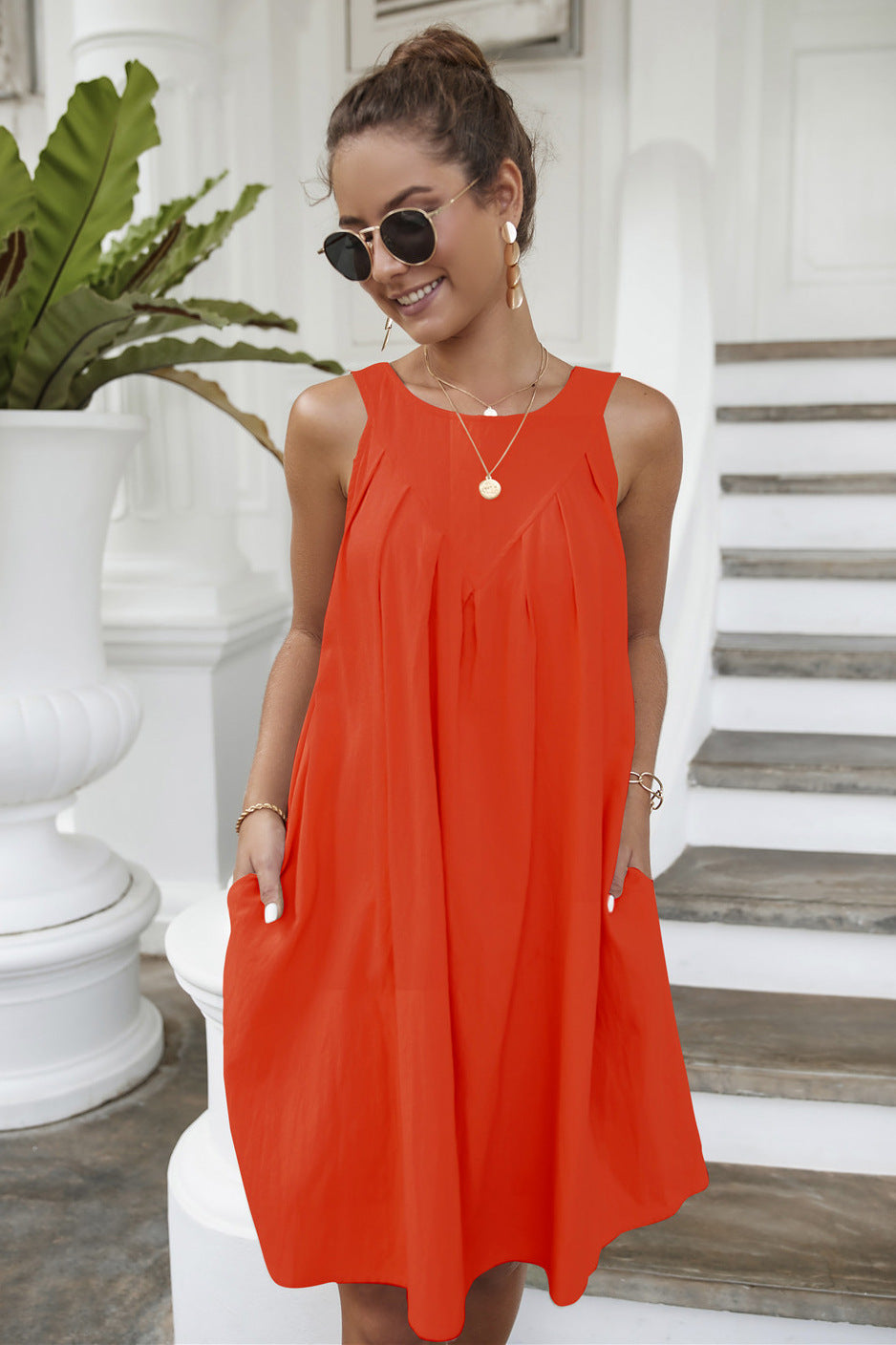 Damen Plissiertes Sommerkleid mit lockerer Passform und bequemem Rundhalsausschnitt WW