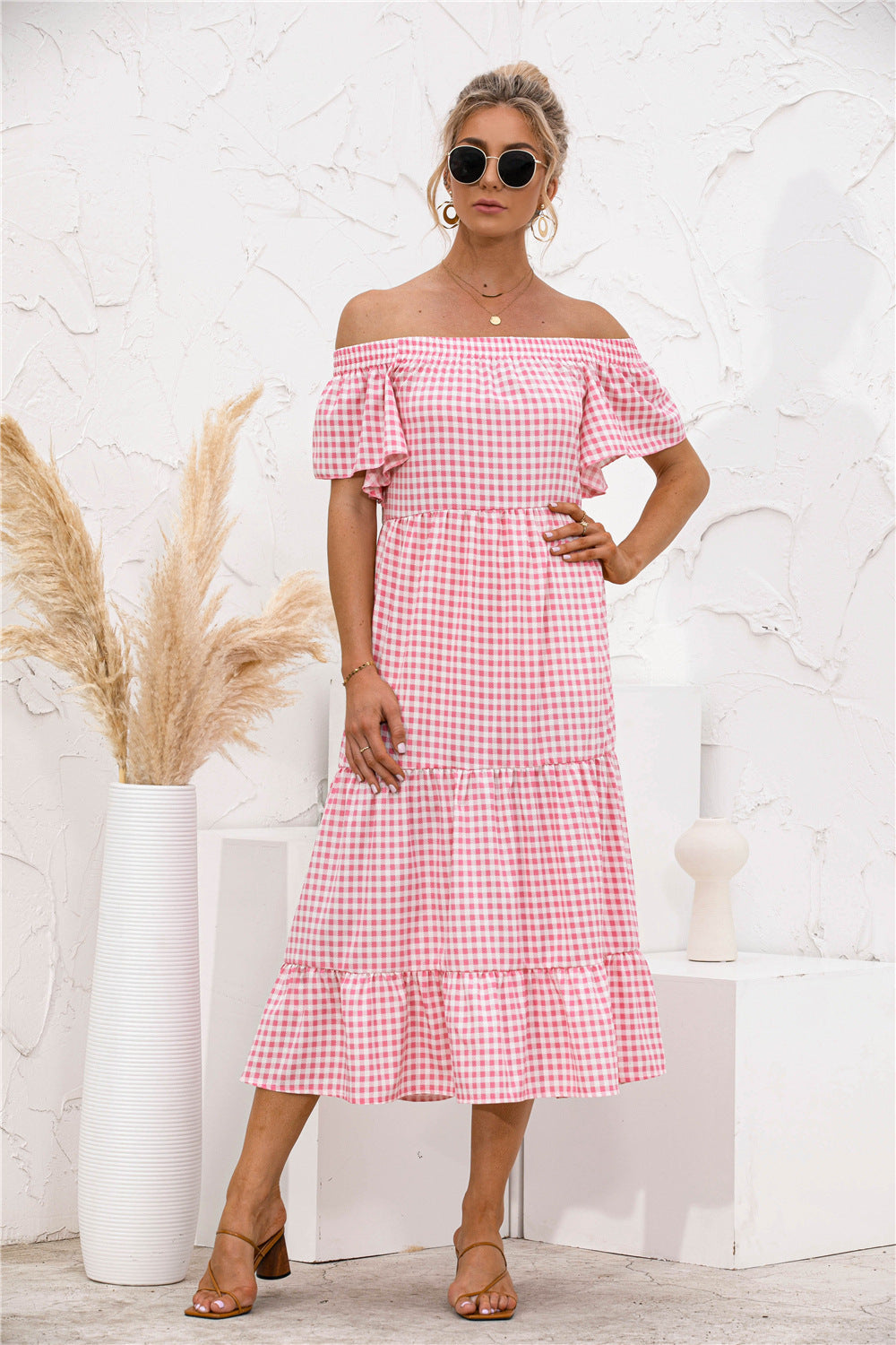 Damen Off-Shoulder Maxi-Kleid mit Rüschendetails und Karo-Muster WW