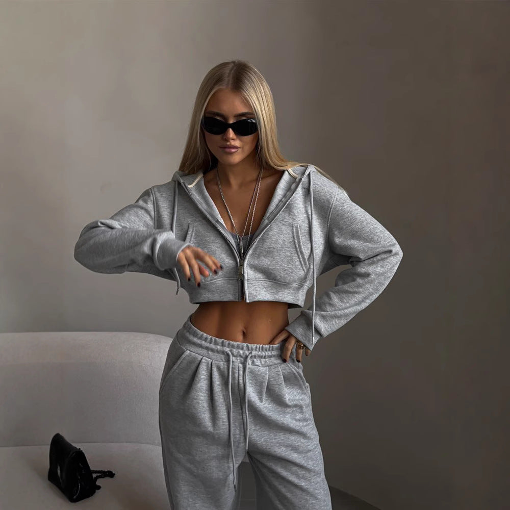 Damen stylisches Crop-Set aus Kapuzenpullover und bequemen Jogginghosen WW