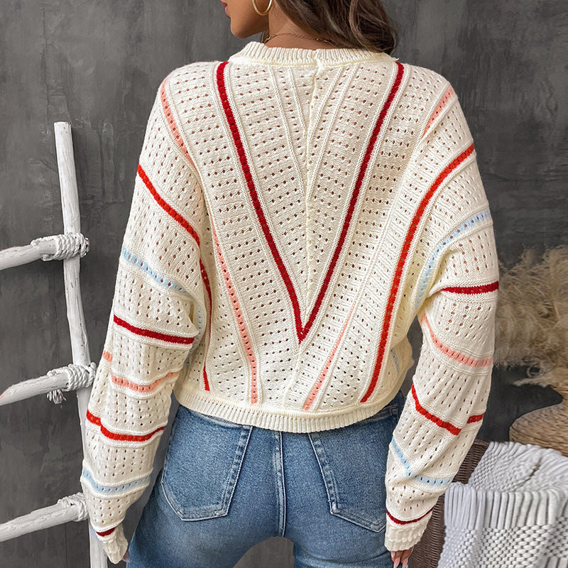 Damen lässiger Strickpullover mit modischem Lochmuster und gestreiftem Design WW