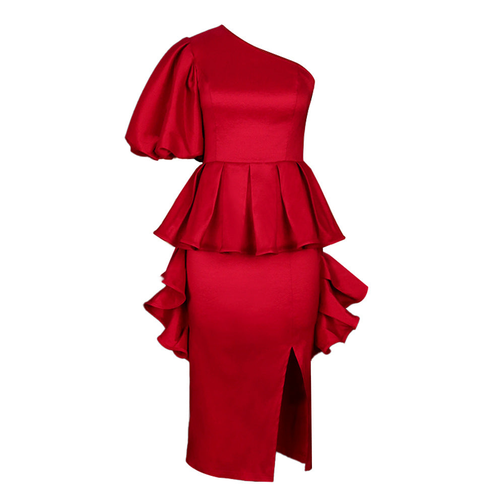 Damen Abendkleid mit asymmetrischem Volant und schwingendem Saum WW