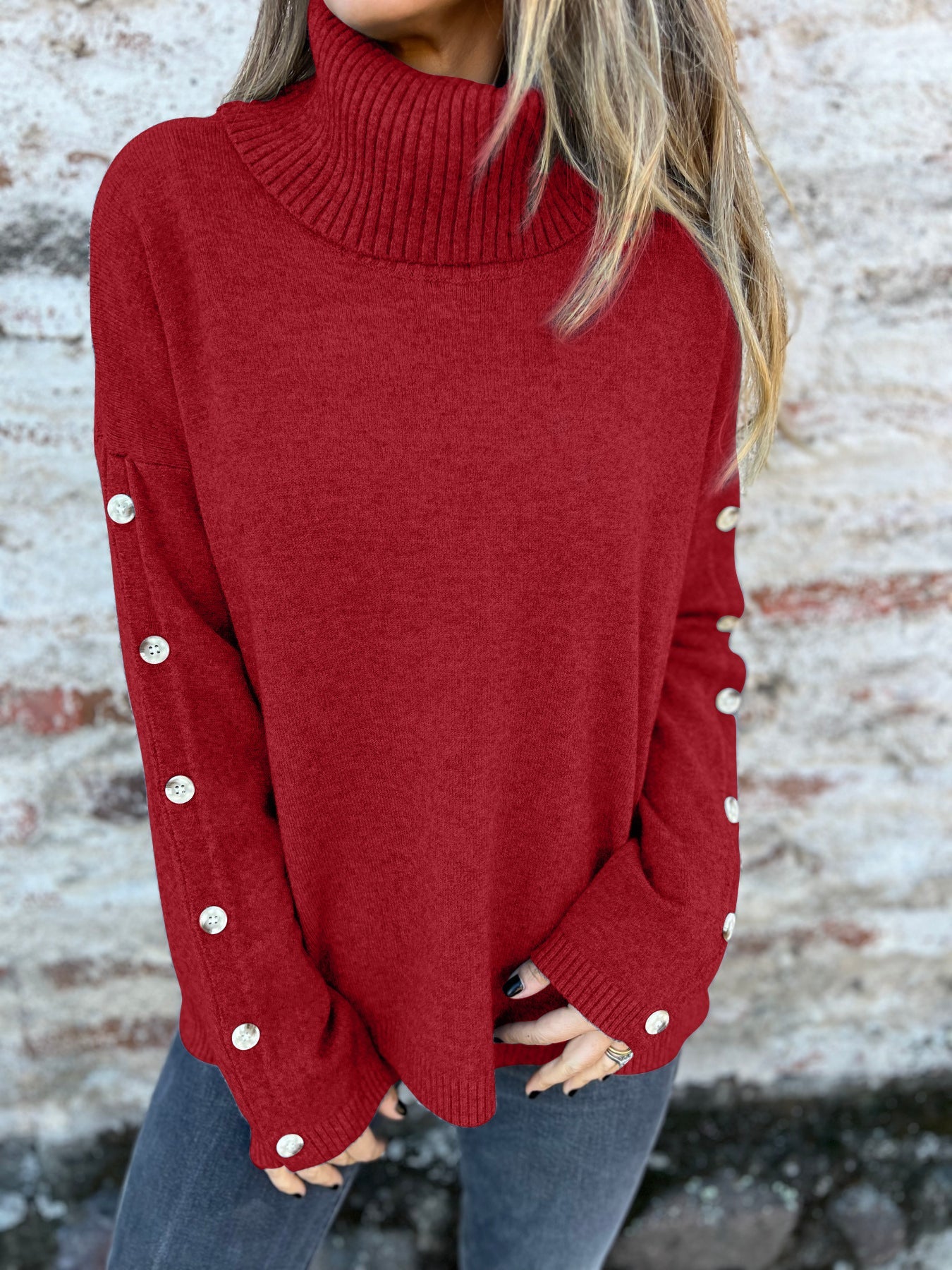 Damen weicher Rollkragenpullover mit modischen Knopfdetails WW
