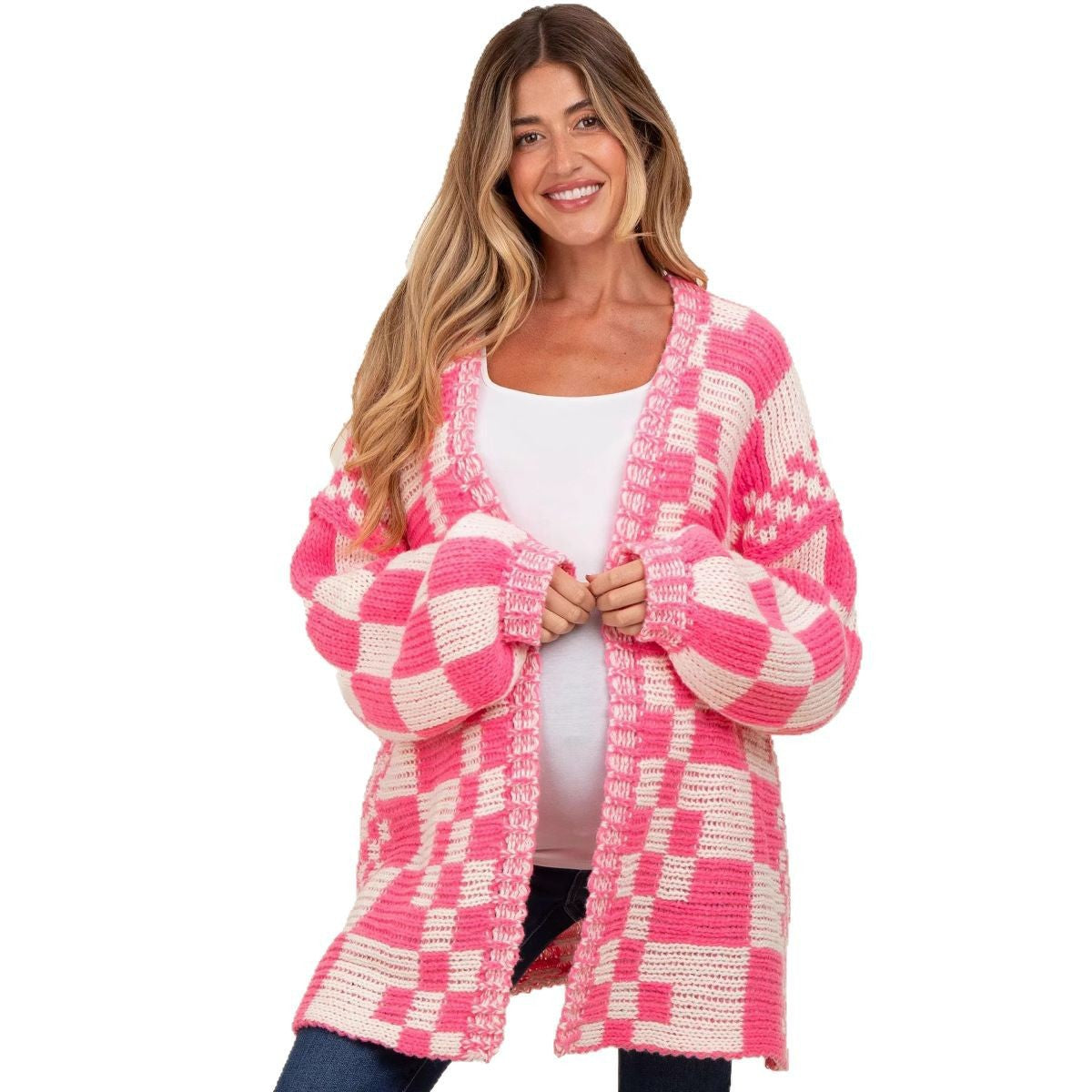 Damen lässiger Strickcardigan mit Karomuster und oversized Schnitt WW