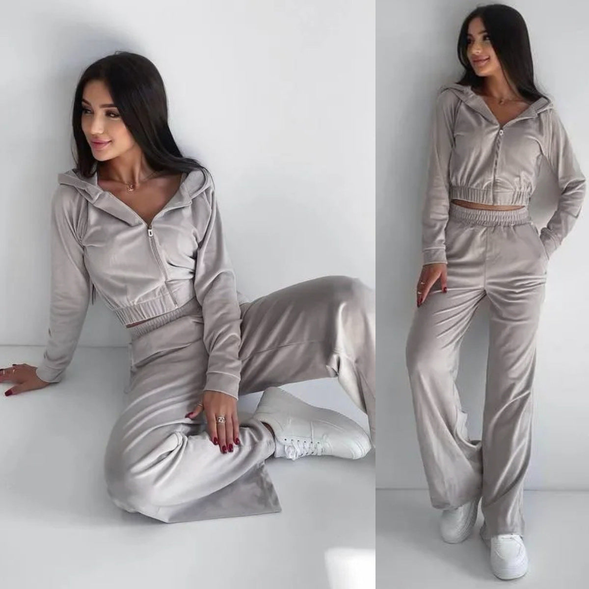 Damen sportliches Fleece Lounge-Set mit kurzem Schnitt und elastischem Bund WW