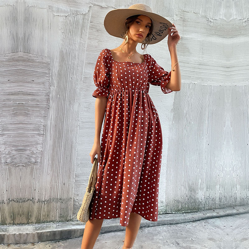 Damen Maxikleid mit Puffärmeln und verspieltem Punkte-Design WW