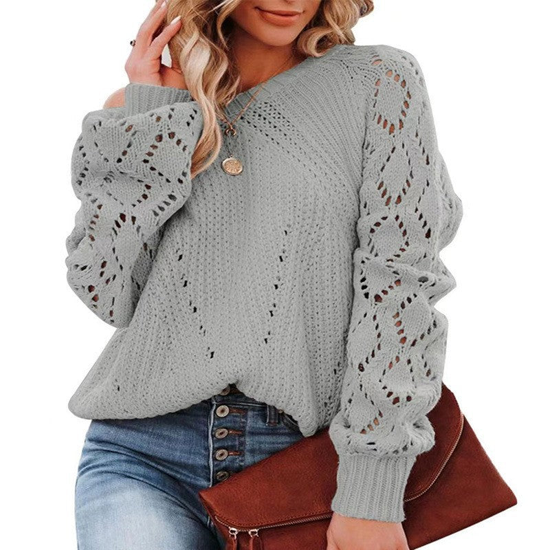 Damen Strickpullover mit romantischem Lochmuster und weiten Ärmeln WW