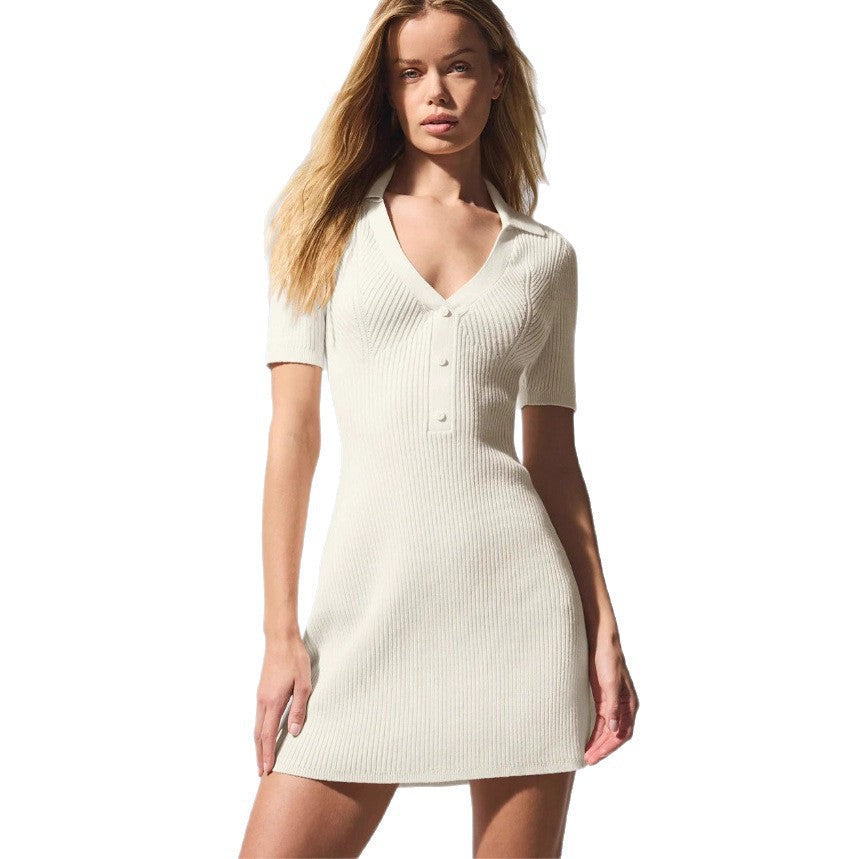 Damen Kurzarm Strickkleid mit Polo-Kragen und Knopfleiste WW