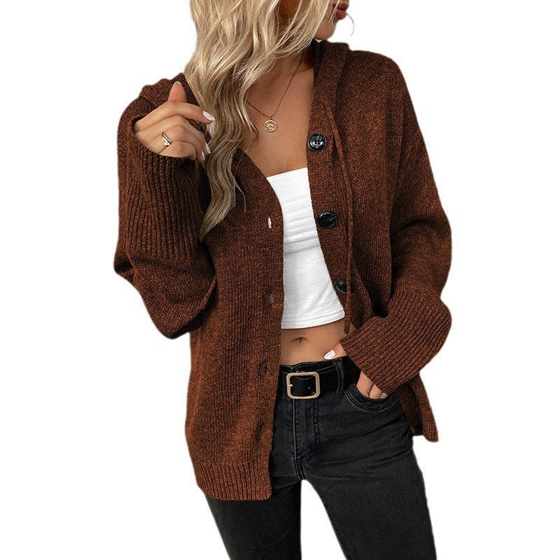 Damen Strickjacke mit Kapuze und Knöpfen WW