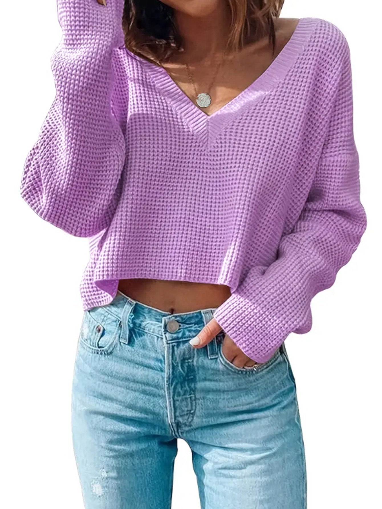 Damen modischer V-Ausschnitt Pullover im Waffelstrick WW