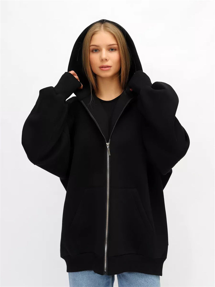Damen lässiger Oversized Zip-Hoodie mit tiefen Taschen WW