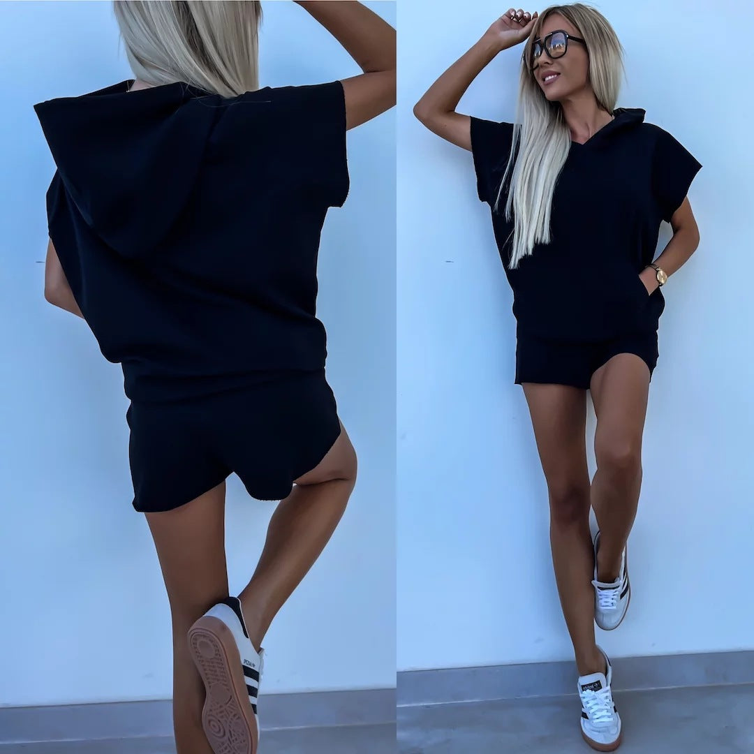 Damen lässiges Shorts- und Kurzarm-Hoodie Set aus atmungsaktivem Material WW