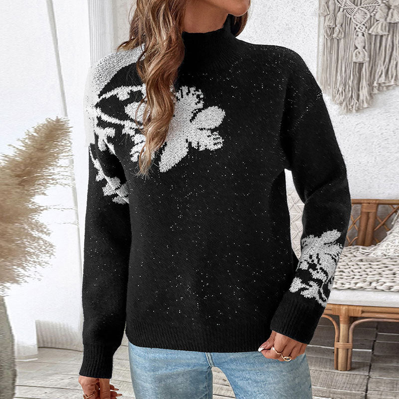 Damen Strickpullover mit floralem Muster und hohem Kragen WW