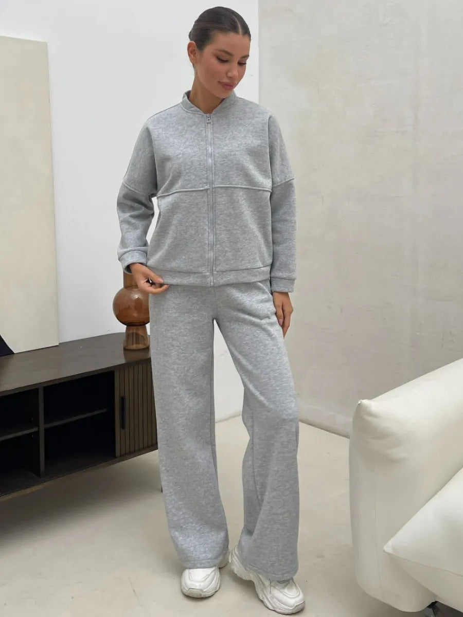 Damen lässiges Fleece-Set mit Oversized Jacke und weit geschnittenen Hosen WW