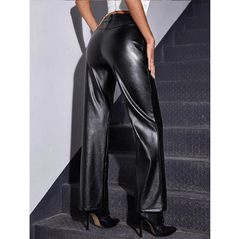 Damen Modische High-Waist Lederhose WW