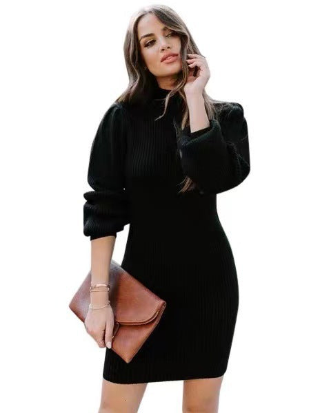 Damen Strickkleid mit hohem Kragen und Puffärmeln WW