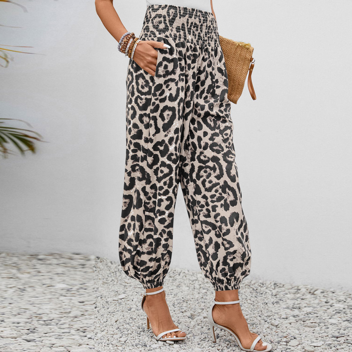 Damen Aladin-Hose mit elastischem Bund und modernem Leopardenmuster WW